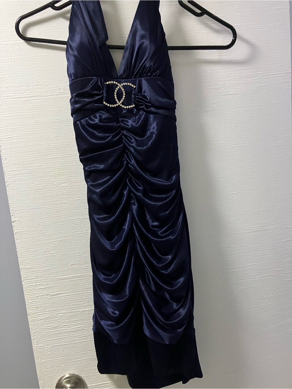 City Triangles Navy Satin Ruched Halter Dress with Rhinestone Accent